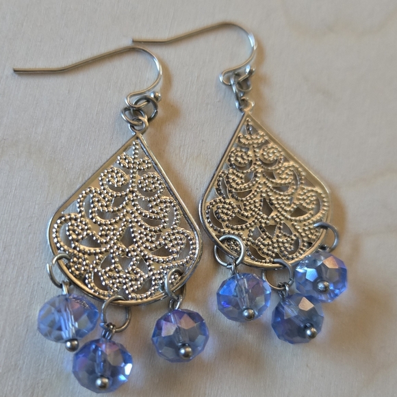Jewelry - Elegant Silver Tone and Blue Dangle Earrings